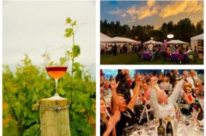 (L to R: Glass of wine on Red Mountain; Winemaker Picnic & Barrel Auction on the grounds of Chateau Ste. Michelle; The Gala featuring local chefs and unique wine lots in live and silent auctions; Photos by Richard Duval Images)